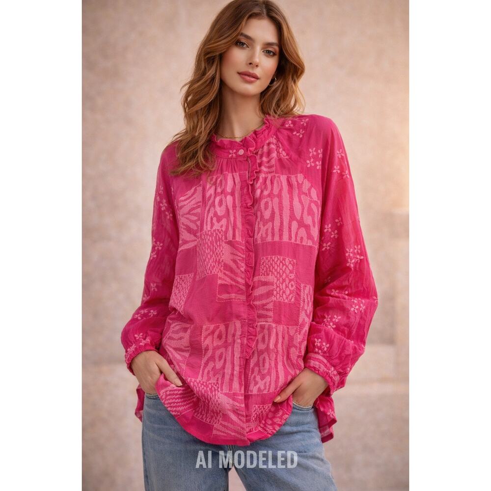 Johnny Was NWT Pink Cupra Blouse Boho Festival Silk Like Med Top